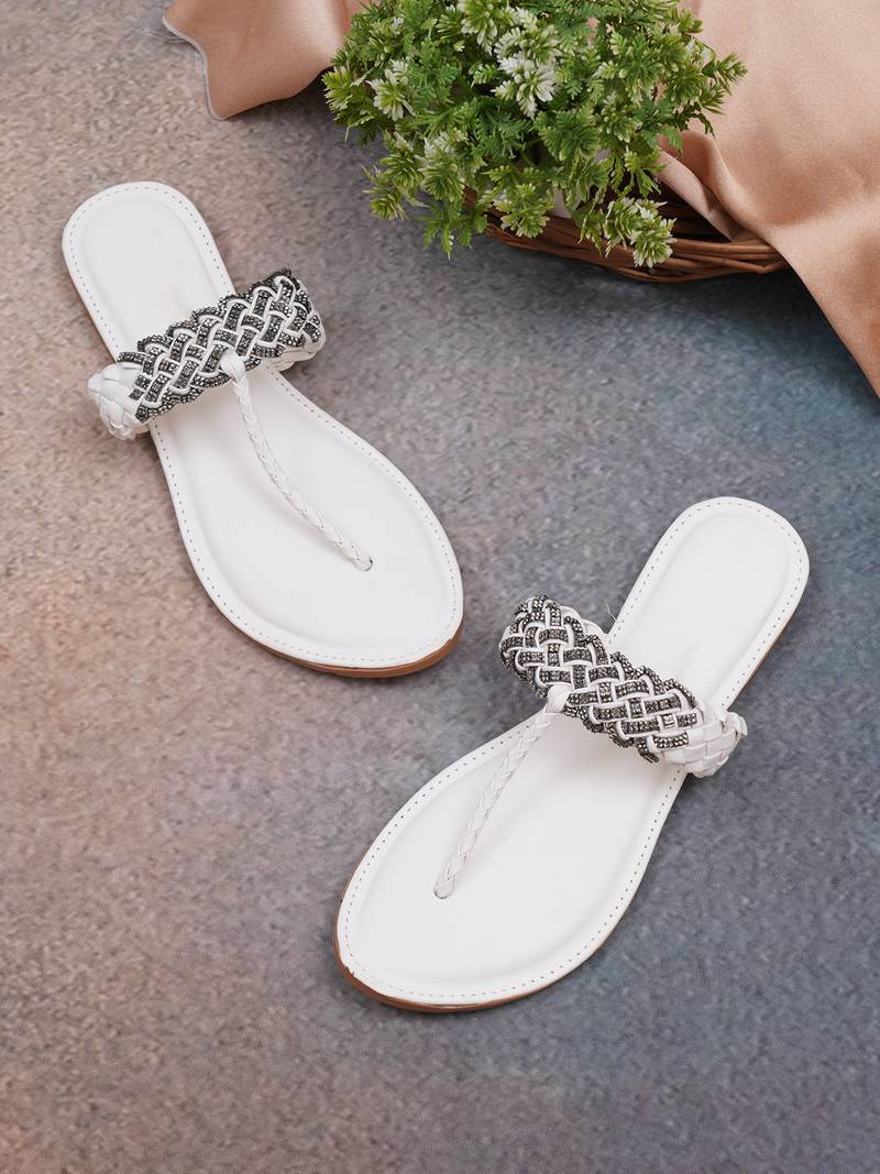 GlamZkart Women White Color White Stone Work Flats Sandal