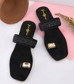 GlamZkart Women Black Color Velvet Stone Work Flats Sandal
