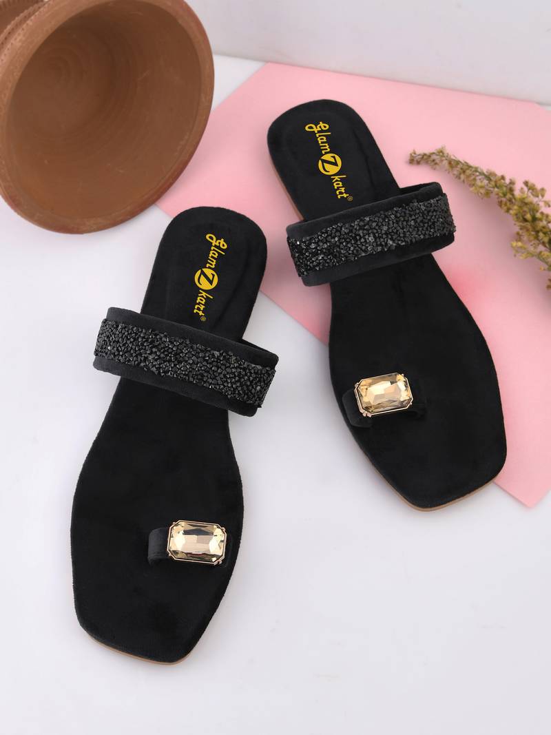 GlamZkart Women Black Color Velvet Stone Work Flats Sandal