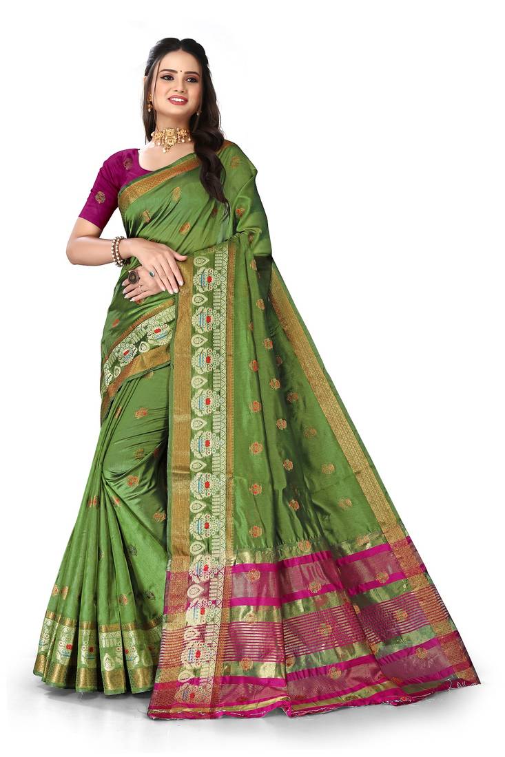 Olive woven art silk saree with blouse