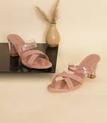 GlamZkart Women Rose-Gold Color Cross Transparent Design Heel Sandal