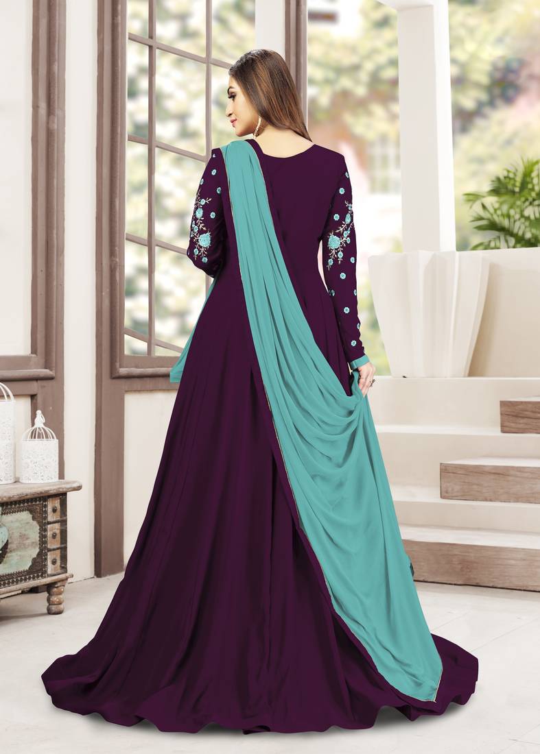 Ensemble Anarkali Brodé Georgette Violet Pour Femme - Robe Traditionnelle Élégante Avec Dupatta