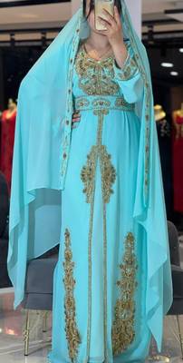 Aqua Georgette Golden Zari Embroidered Moroccan Kaftan 1