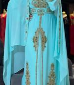 Aqua Georgette Golden Zari Embroidered Moroccan Kaftan