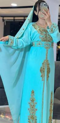 Aqua Georgette Golden Zari Embroidered Moroccan Kaftan 2