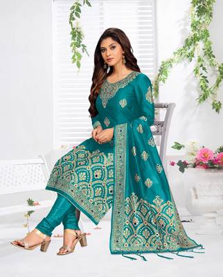 Trendmalls Turquoise Silk Blend Party Wear Kurta Pant with Dupatta Salwar Suit Set 1