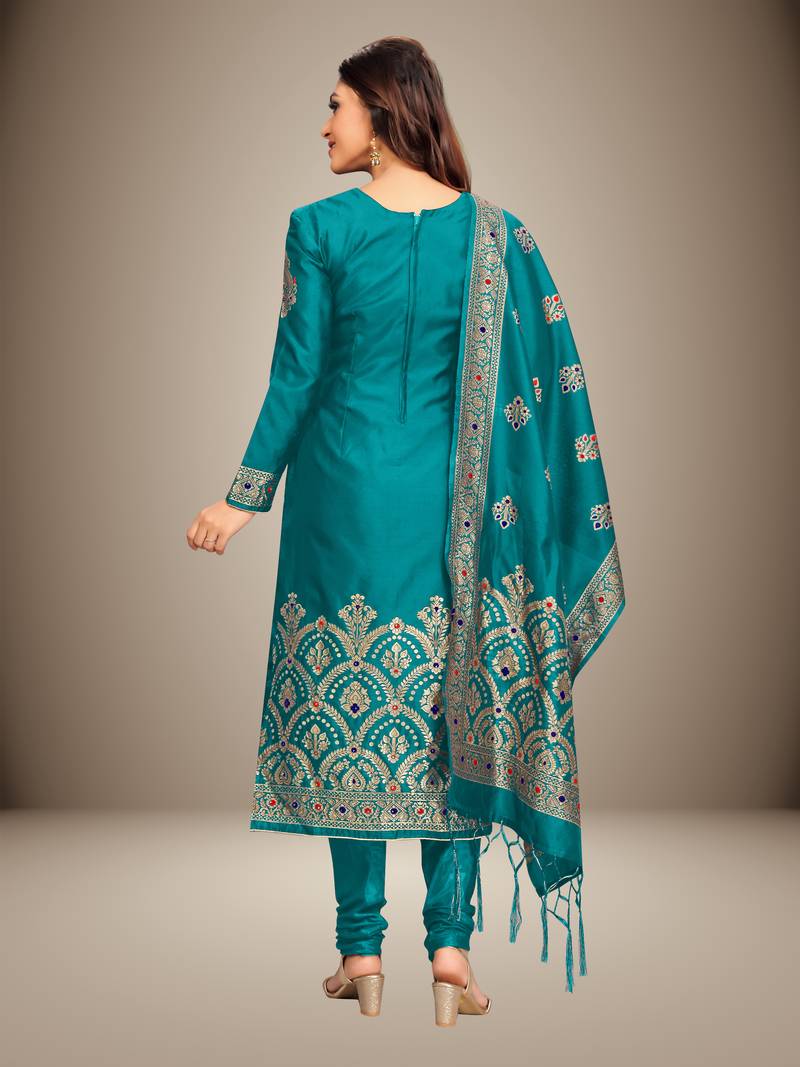 Trendmalls Turquoise Silk Blend Party Wear Kurta Pant with Dupatta Salwar Suit Set