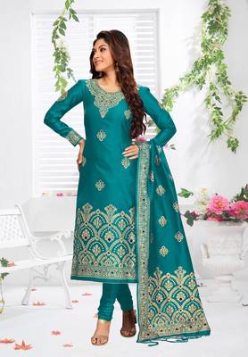 Trendmalls Turquoise Silk Blend Party Wear Kurta Pant with Dupatta Salwar Suit Set 3
