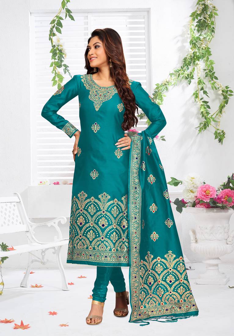 Trendmalls Turquoise Silk Blend Party Wear Kurta Pant with Dupatta Salwar Suit Set