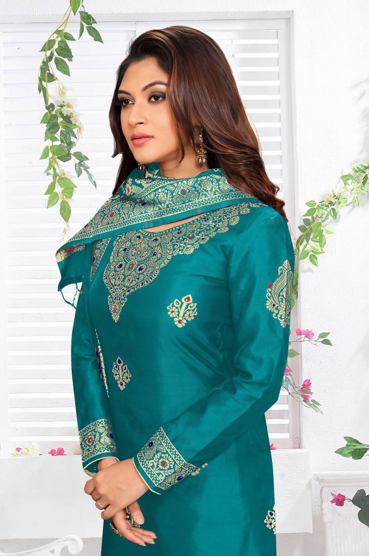 Trendmalls Turquoise Silk Blend Party Wear Kurta Pant with Dupatta Salwar Suit Set