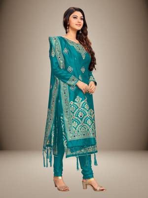 Trendmalls Turquoise Silk Blend Party Wear Kurta Pant with Dupatta Salwar Suit Set 5