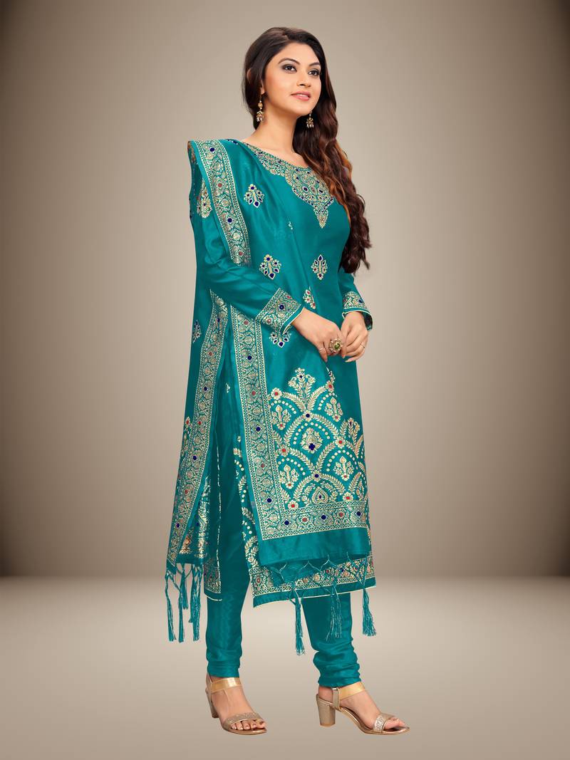 Trendmalls Turquoise Silk Blend Party Wear Kurta Pant with Dupatta Salwar Suit Set