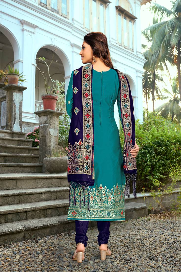 Darkblue embroidered jacquard Party Wear Kurta Pant with Dupatta Salwar Suit Set