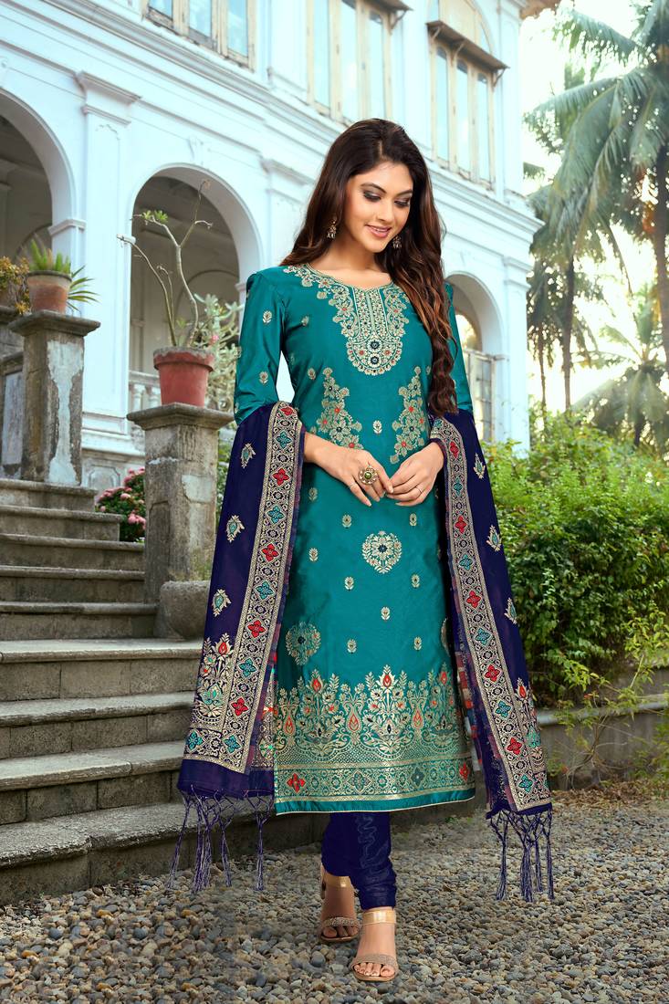 Darkblue embroidered jacquard Party Wear Kurta Pant with Dupatta Salwar Suit Set