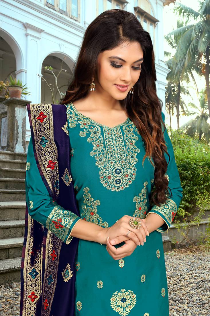 Darkblue embroidered jacquard Party Wear Kurta Pant with Dupatta Salwar Suit Set