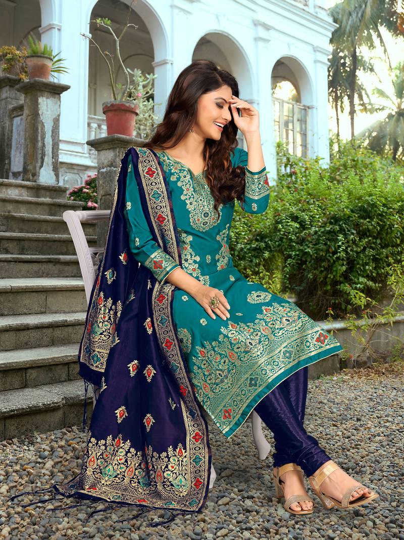 Darkblue embroidered jacquard Party Wear Kurta Pant with Dupatta Salwar Suit Set