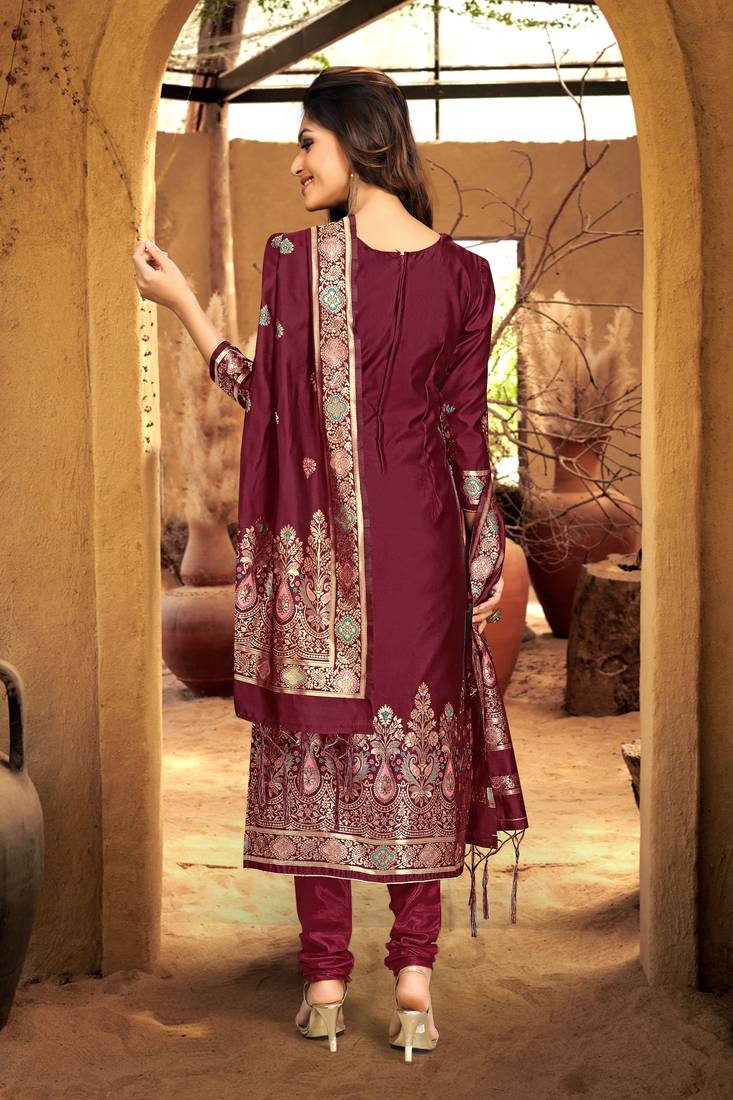 Trendmalls Maroon Silk Party Wear Kurta Pant with Dupatta Salwar Suit Set