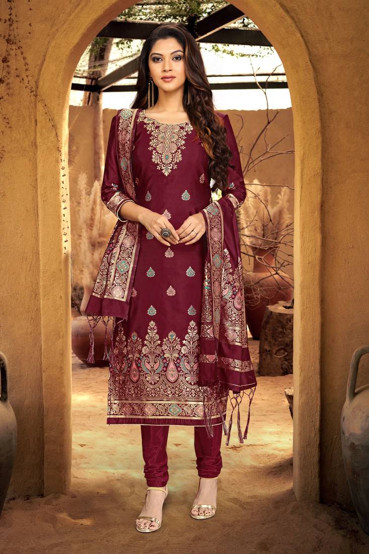 Trendmalls Maroon Silk Party Wear Kurta Pant with Dupatta Salwar Suit Set
