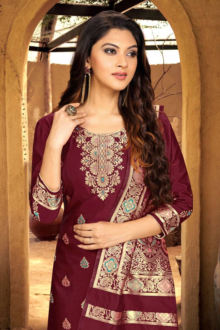 Trendmalls Maroon Silk Party Wear Kurta Pant with Dupatta Salwar Suit Set