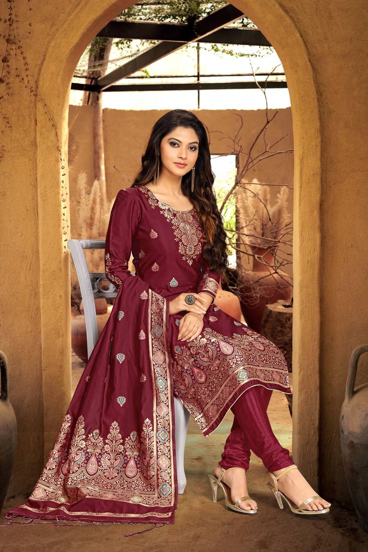 Trendmalls Maroon Silk Party Wear Kurta Pant with Dupatta Salwar Suit Set