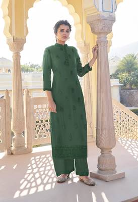 Dark-green embroidered faux georgette salwar kameez 1