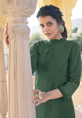 Dark-green embroidered faux georgette salwar kameez 2
