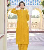 Mustard embroidered faux georgette salwar kameez