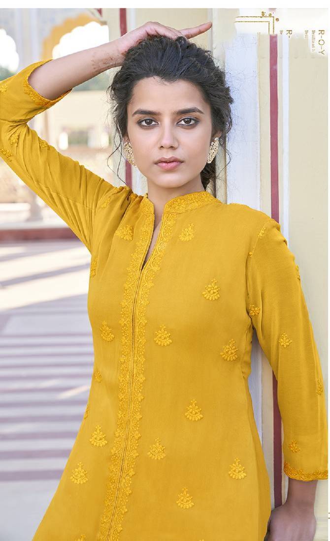 Mustard embroidered faux georgette salwar kameez