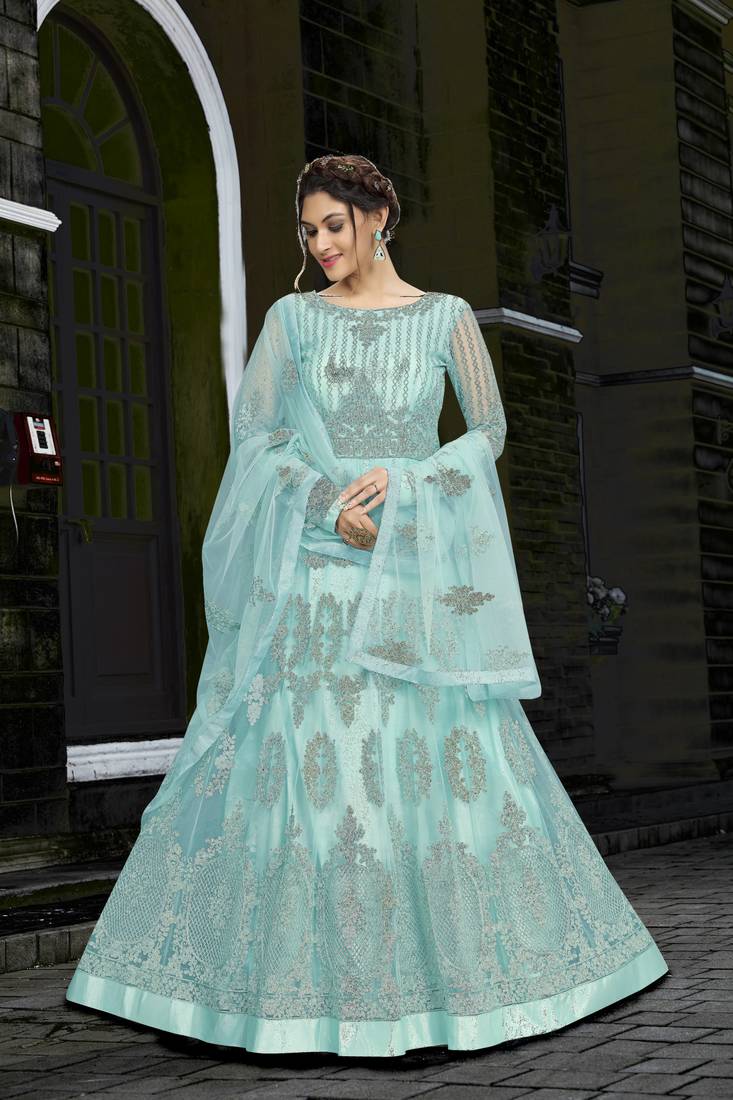 Women Designer Bottel Green Net Embroidery Anarkali Suit