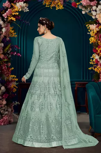 Trendmalls Sky Blue Net Embrodered Anarkali SalwarKameez with Dupatta 