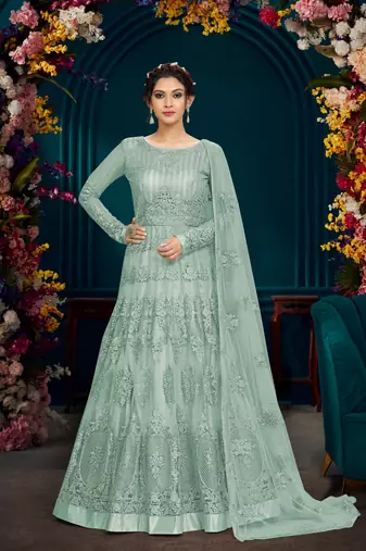 Trendmalls Sky Blue Net Embrodered Anarkali SalwarKameez with Dupatta 