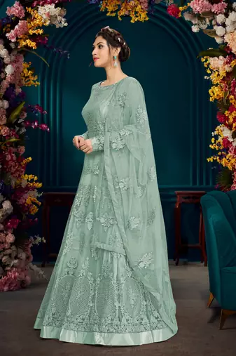 Trendmalls Sky Blue Net Embrodered Anarkali SalwarKameez with Dupatta 