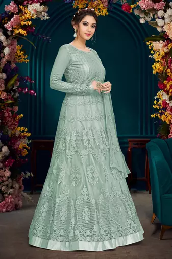 Trendmalls Sky Blue Net Embrodered Anarkali SalwarKameez with Dupatta 