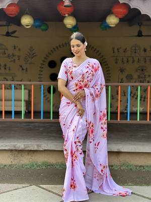 Light Pink Premium Chinon Silk Digital Print  Saree WITH UN-STITCHED BLOUSE 1