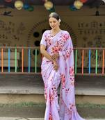 Light Pink Premium Chinon Silk Digital Print  Saree WITH UN-STITCHED BLOUSE