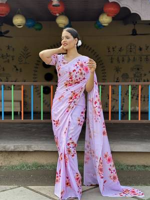 Light Pink Premium Chinon Silk Digital Print  Saree WITH UN-STITCHED BLOUSE 3