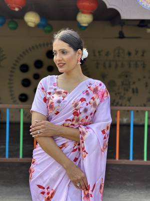 Light Pink Premium Chinon Silk Digital Print  Saree WITH UN-STITCHED BLOUSE 5