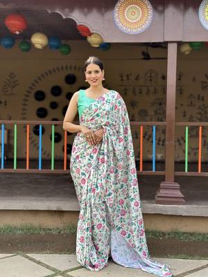 Light Pista Premium Chinon Silk Digital Print  Saree WITH UN-STITCHED BLOUSE 1