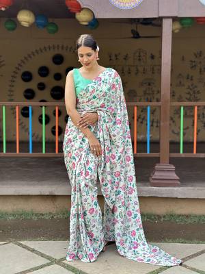 Light Pista Premium Chinon Silk Digital Print  Saree WITH UN-STITCHED BLOUSE 2