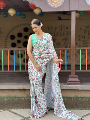 Light Pista Premium Chinon Silk Digital Print  Saree WITH UN-STITCHED BLOUSE 3