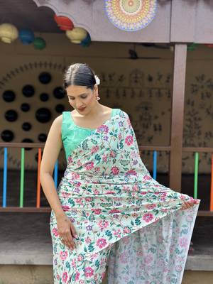 Light Pista Premium Chinon Silk Digital Print  Saree WITH UN-STITCHED BLOUSE 5