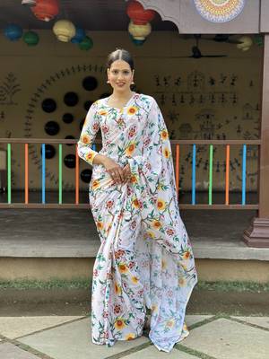 Light Pista Premium Chinon Silk Digital Print  Saree 1