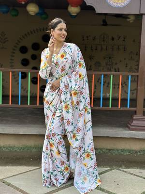 Light Pista Premium Chinon Silk Digital Print  Saree 2