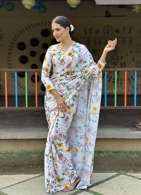 Light Pista Premium Chinon Silk Digital Print  Saree 3