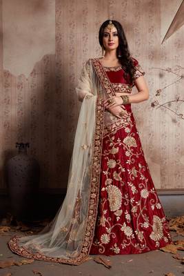 Maroon Zari And Sequins Embroidered Semi Velvet Semi Stitched Lehenga Choli For Wedding 6