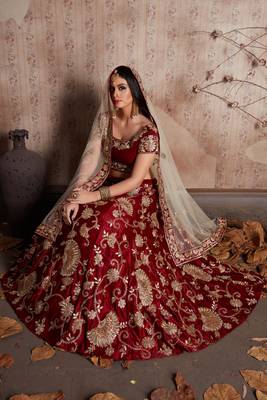 Maroon Zari And Sequins Embroidered Semi Velvet Semi Stitched Lehenga Choli For Wedding 7