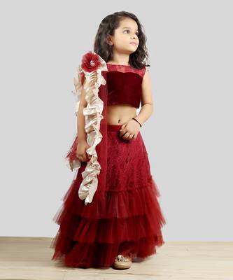 Velvet Choli With Net Ghagra And Frill Dupatta  2