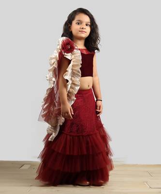 Velvet Choli With Net Ghagra And Frill Dupatta  1