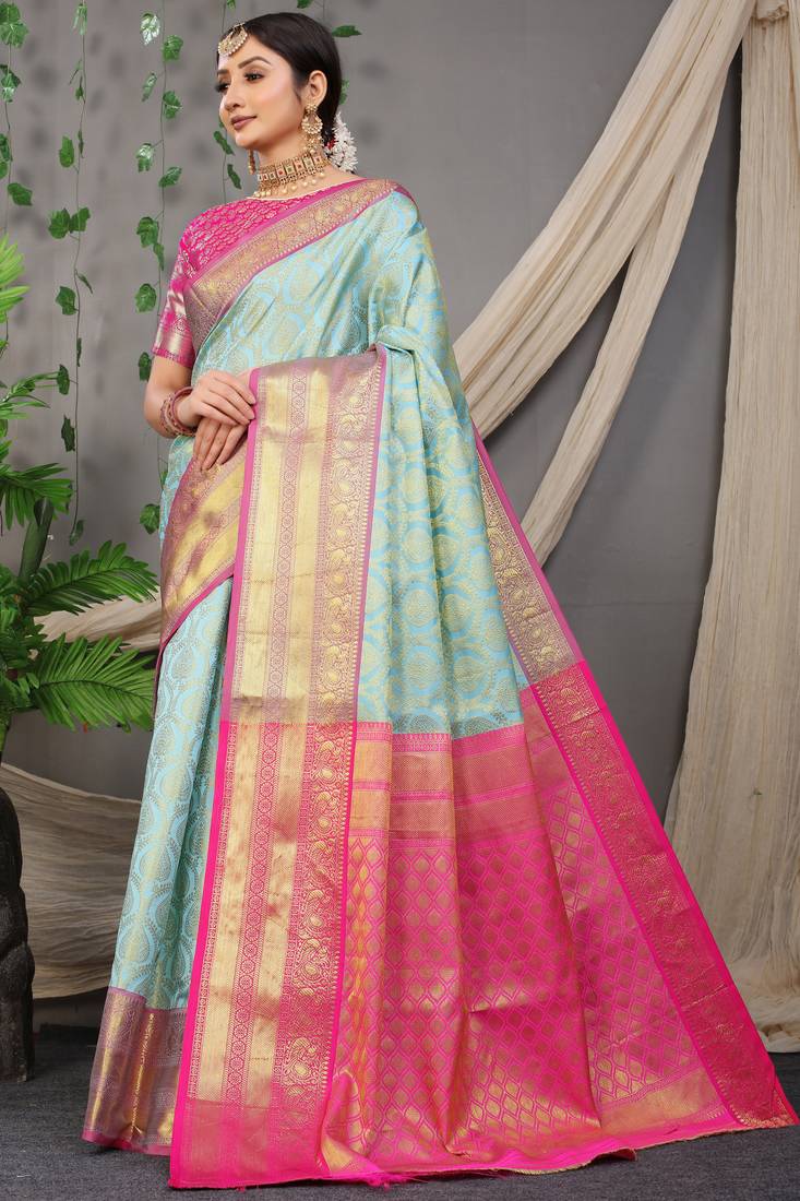 SKY BLUE BANARASI SILK SAREE WITH   WEAVIVNG WORK 