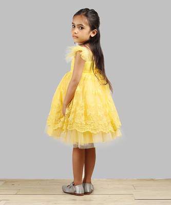 Yellow Dress With Net Layer At Bottom And Frill Sleeves. 4